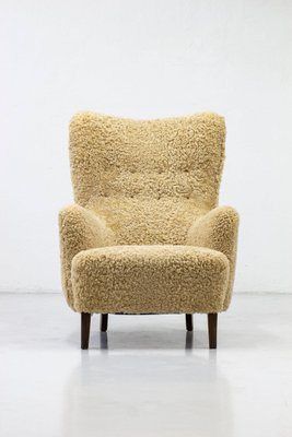 Danish Modern High Back Sheep Skin Armchair for sale at Pamono