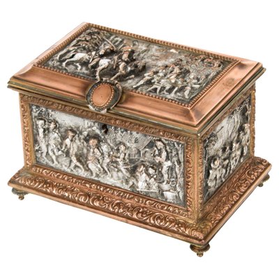 Antique French Silvered and Gilted Copper Jewellery Casket Box