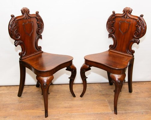 Antique Victorian Hall Chairs with Carved Seats 1840 Set of 2