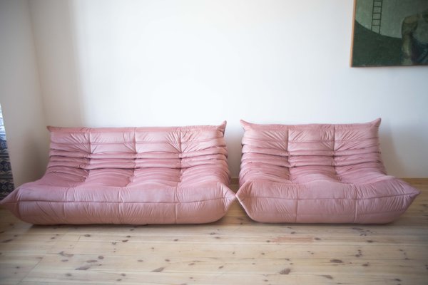 Pink Pearl Velvet Togo 2 and 3 Seat Sofa by Michel Ducaroy for Ligne Roset Set of 2