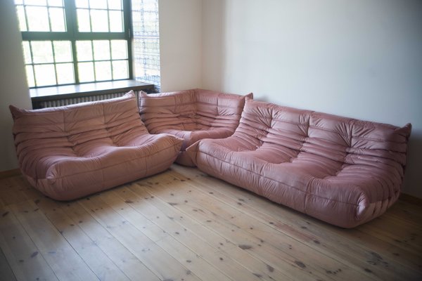 Pearl Pink Velvet Togo Corner Chair 2 and 3 Seat Sofa by Michel
