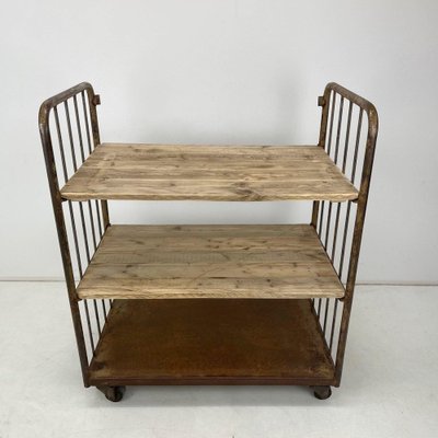 Vintage Industrial Iron and Wood Shelves on Wheels for sale Vintage Industrial Iron and Wood Shelves on Wheels for sale