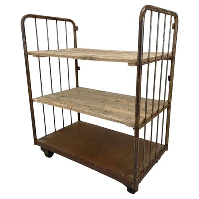 Vintage Industrial Iron and Wood Shelves on Wheels for sale