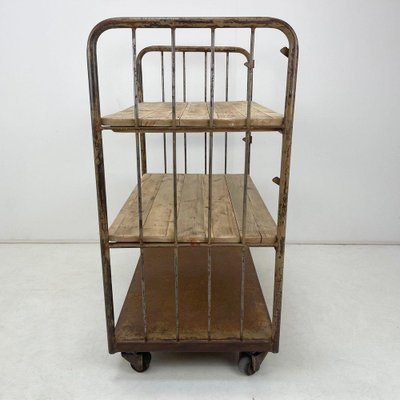 Vintage Industrial Iron and Wood Shelves on Wheels for sale Vintage Industrial Iron and Wood Shelves on Wheels for sale