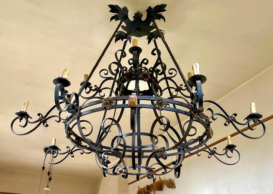 Large 19th Century French Wrought Iron, Large Rustic Iron Chandelier