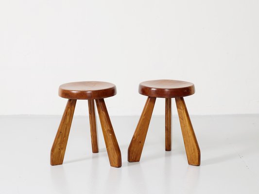 Set of Vintage Pine Stools by Charlotte Perriand for Les Arcs