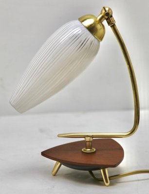 Vintage Table Lamp With Milk-White Glass and Brass Fitting / Wood for sale at Pamono