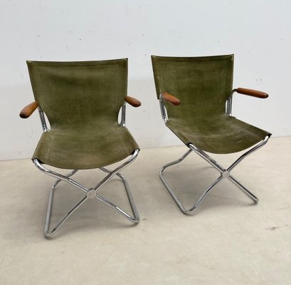 Mid-Century Wood Metal and Green Canvas Folding Armchairs, Set of