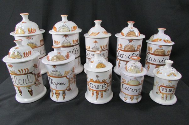 Enamelled Pharmacy and Spice Pots, 1950s, Set of 10 for sale at Pamono