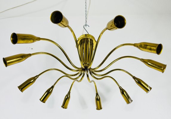 Mid Century Italian Brass 12 Arm Sputnik Chandelier Attributed to Arredoluce 1950s