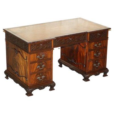 Chippendale Revival Inverted Breakfront Partner Desk with Leather Top