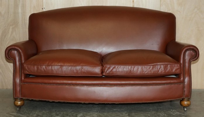 Edwardian Brown Leather Club Sofa with Feather Filled Seat