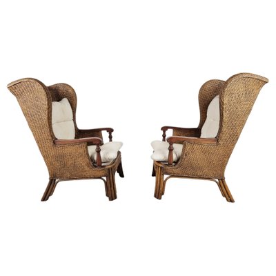 Wicker Wingback Armchairs 1950s Set, Outdoor Wicker Wingback Chairs