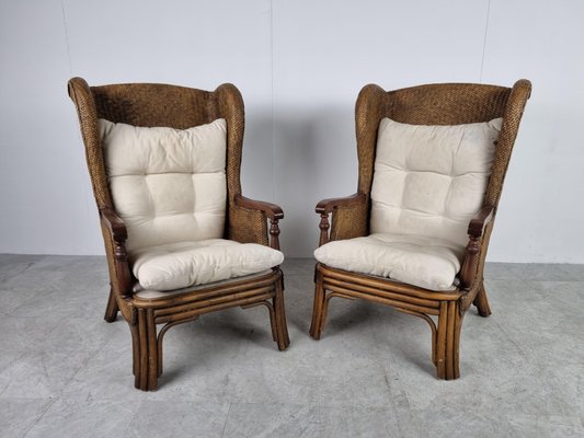 Wicker Wingback Armchairs 1950s Set, Wicker Wingback Chairs