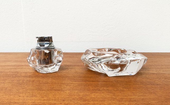 Mid-Century Scandinavian Heavy Ice Glass Table Lighter and Ashtray