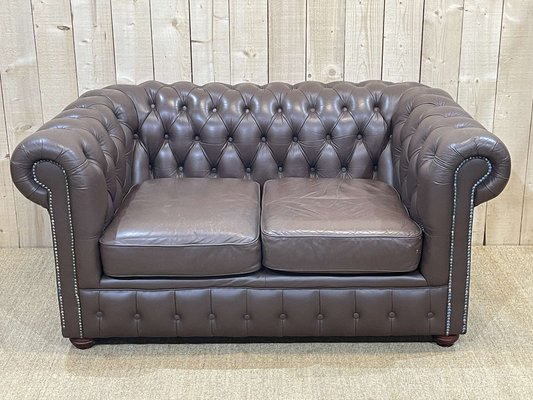 mineral Messing minus Vintage Brown Leather 2 -Seater Chesterfield Sofa, 1980s for sale at Pamono