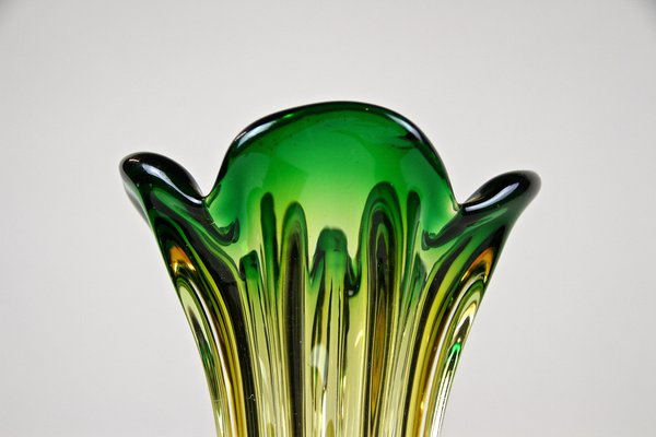 Mid-Century Italian Vase in Green Yellow Murano Glass, 1960