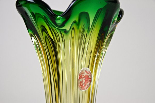 Mid-Century Italian Vase in Green Yellow Murano Glass, 1960
