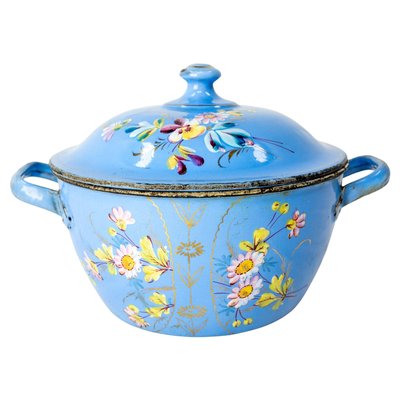 Blaue französische Suppenterrine mit Blumendekor aus emailliertem Eisen, 1900er bei Pamono kaufen