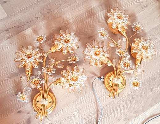 Gilded Crystal Flowers Wall Lamp from Palwa, 1970s, Set of 2 for