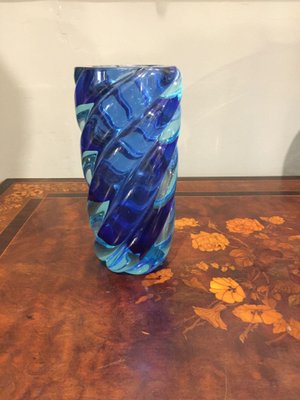 9 1/2" Tall Flower Vase "Blue Cut" Art Glass Unique Modern Table Decor 