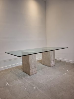 Italian Dining Table in Travertine with Glass Top, 1970s for sale