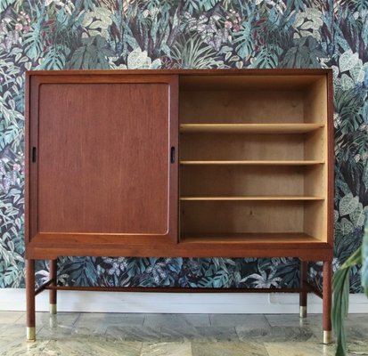 Danish Cabinet In Teak With Sliding, Shallow Bookcase With Sliding Doors