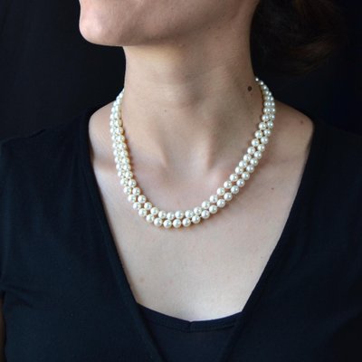 Collar de dos hileras de perlas cultivadas blancas, años 70 en en Pamono