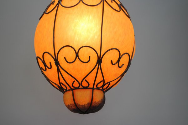 Venetian Style P te de Verre Glass Metal Caged Lantern Pendant