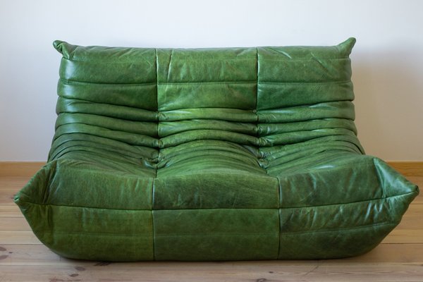 Set of Dubai Green Leather Togo 2- and 3-Seat Sofa by Michel