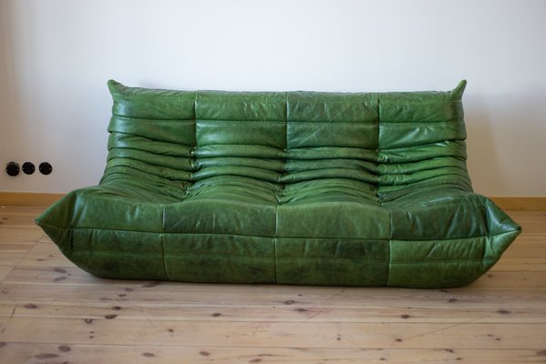 Set of Dubai Green Leather Togo 2- and 3-Seat Sofa by Michel