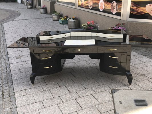 Large Art Deco Desk in in Lacquer & Black Parchment Leather by Assi  Dasolo, Italy for sale at Pamono