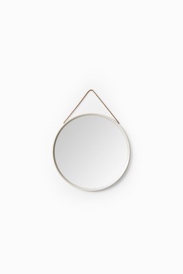 Vintage White Round Mirror With Leather, Round Mirror With Black Leather Strap