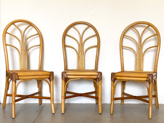 Bamboo Leather Dining Chairs 1970s Set of 3 for sale at Pamono