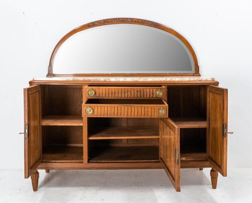 Art Deco Buffet Credenza Cabinet Walnut Marble Top with Semicircle Mirror,  1930s for sale at Pamono
