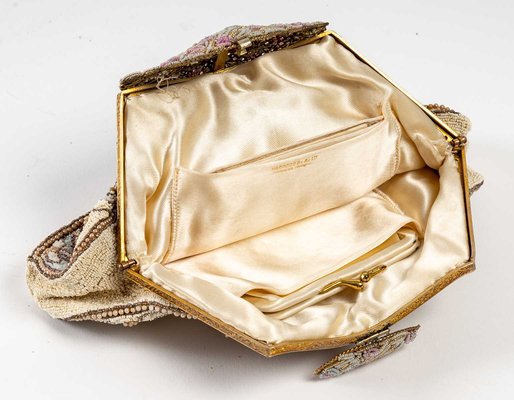 Evening Clutch Bag With Silk, Glass Beads & Embroidered Gold