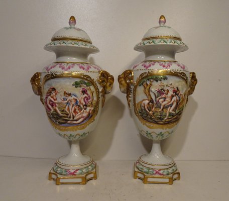 Antique 19th Century Lidded Porcelain Urn Vases from Capodimonte