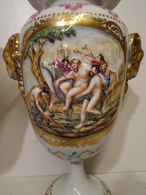 Antique 19th Century Lidded Porcelain Urn Vases from Capodimonte