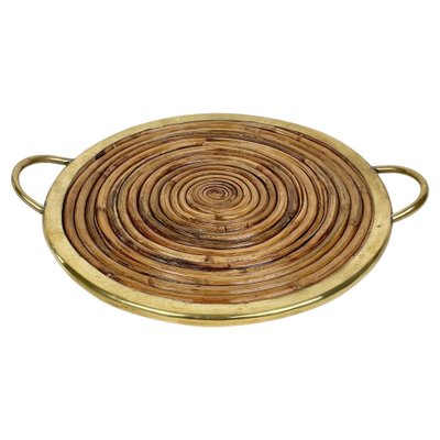 Round Bamboo, Rattan & Brass Serving Tray, Italy, 1970s for sale at Pamono