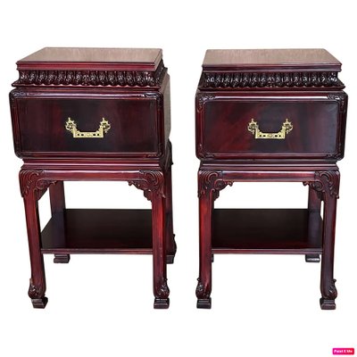 Chinese Chippendale Carved Mahogany Box Side Tables Set of 2