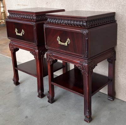 Chinese Chippendale Carved Mahogany Box Side Tables Set of 2 for