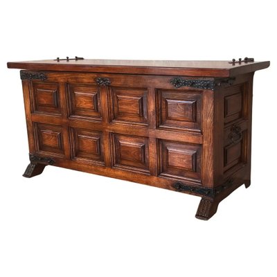 20th Century Spanish Blanket Chest with Raised Wooden Panels and Iron Hardware Trunk
