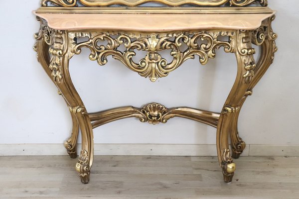 Carved and Gilded Wood Console Table with Mirror, 1930s for Carved and Gilded Wood Console Table with Mirror, 1930s for