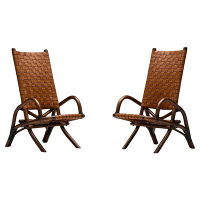 Mid Century Modern French Rustic Woven Armchair In Leather And Bamboo 1950s For Sale At Pamono