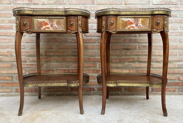 Kidney Shaped Bedside Tables in Carved Wood with Bronze and Marble Top Set of 2