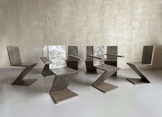 French Zig Zag Chairs in Steel 1950 Set of 8