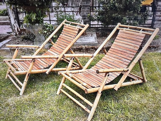 Vintage Bamboo Foldable Easy Deck Chair or Garden Lounge Chairs 1970s Set of 2