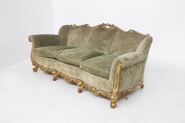 Vintage Italian Gilded Woold and Velvet Sofa for sale at Pamono