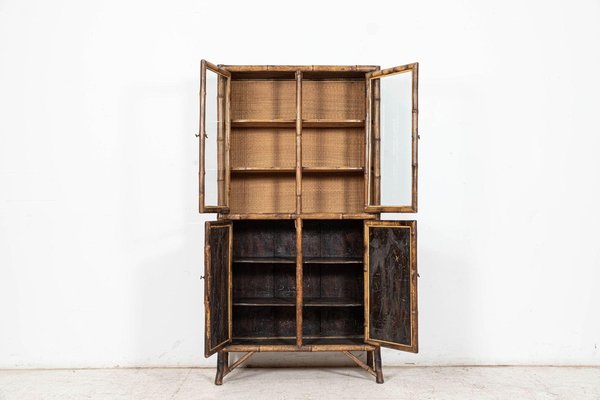 Tall Cabinet In Glazed Bamboo, English Antique Bamboo Bookcase