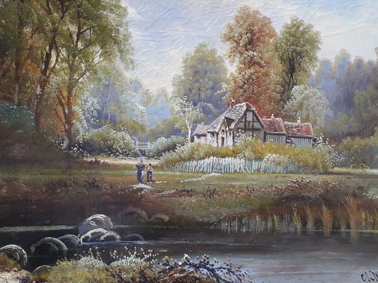 Dipinto di paesaggio, fine XIX secolo, olio su tela, con cornice in vendita  su Pamono